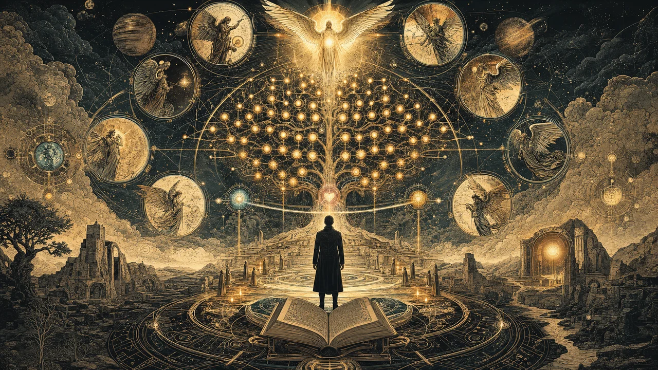 Hierarchy of the 72 Kabbalistic angels around a luminous tree with nine levels