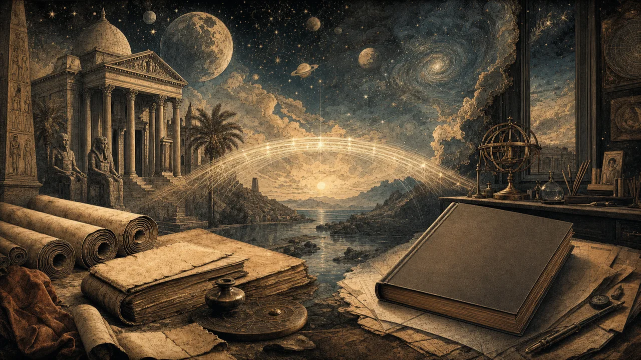 Ancient Hermetic papyri beside a modern book representing the comparison between Hermeticism and The Kybalion