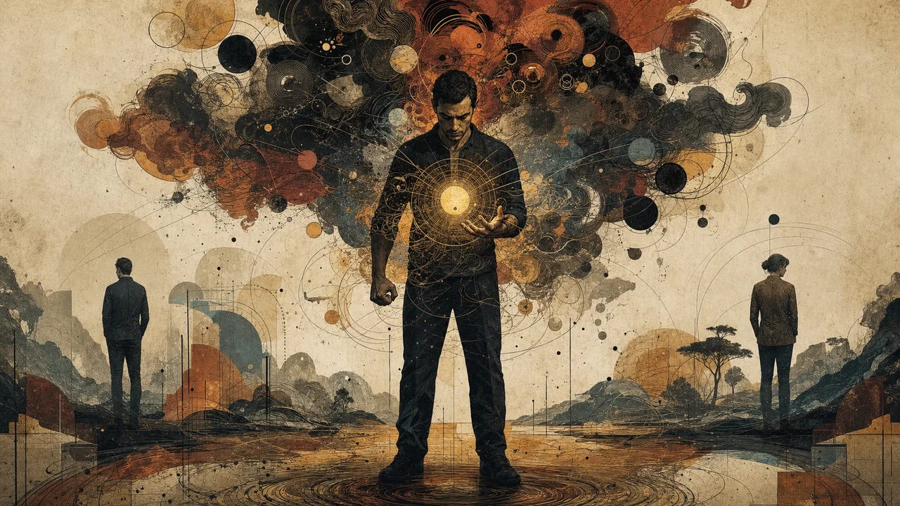Adult regaining calm while a dark storm represents the anger that had dominated their thoughts
