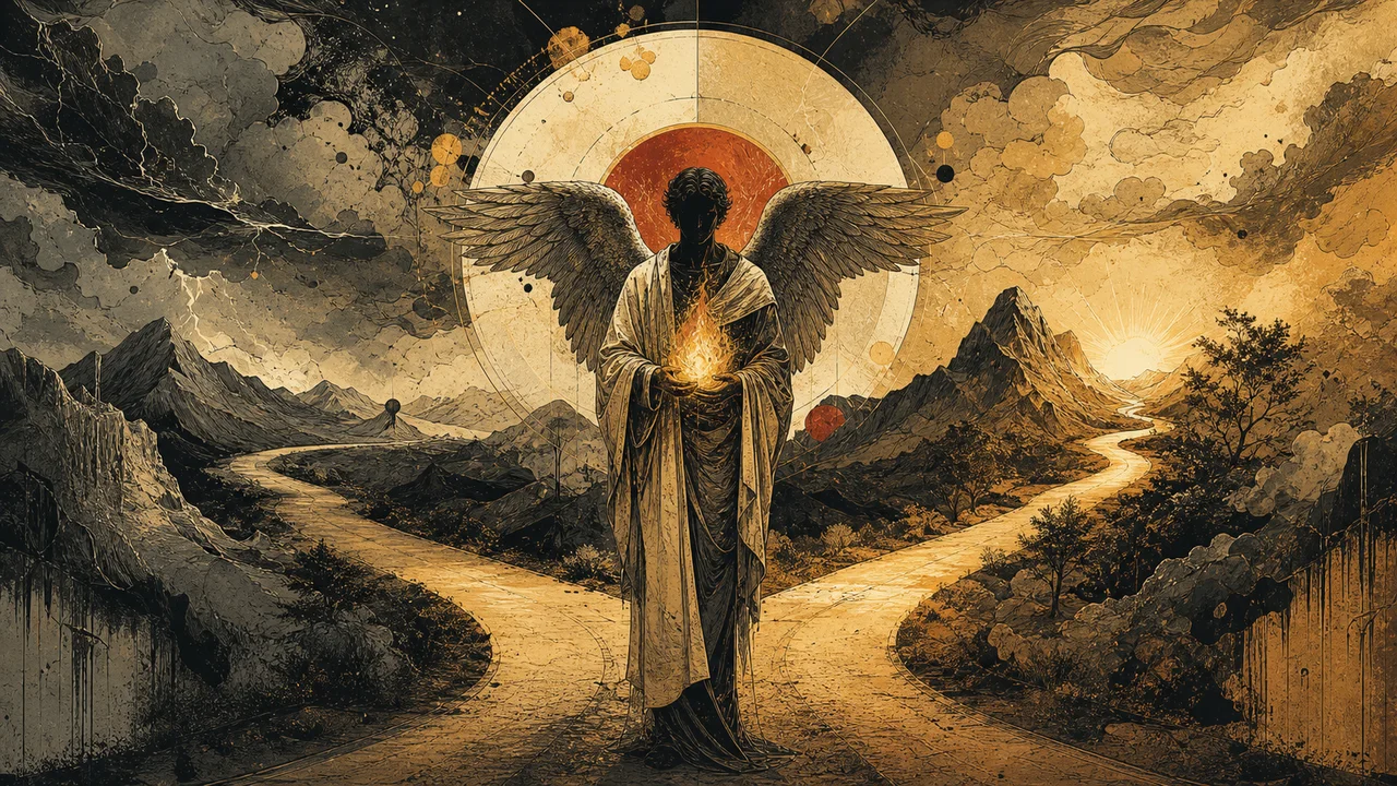Archangel Camael before a red light, protecting a passage between opposing forces
