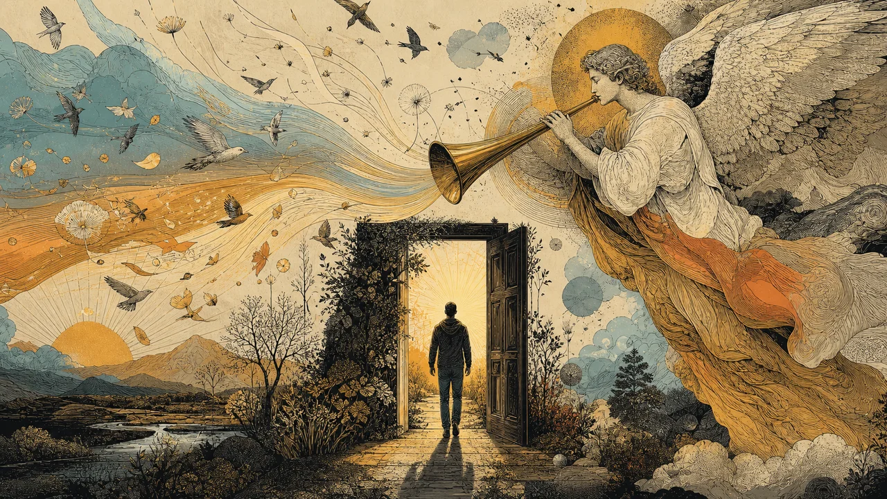 Archangel Gabriel before a silver moon and luminous waves of communication
