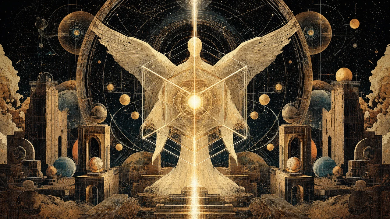 Archangel Metatron before luminous sacred geometry and cosmic records