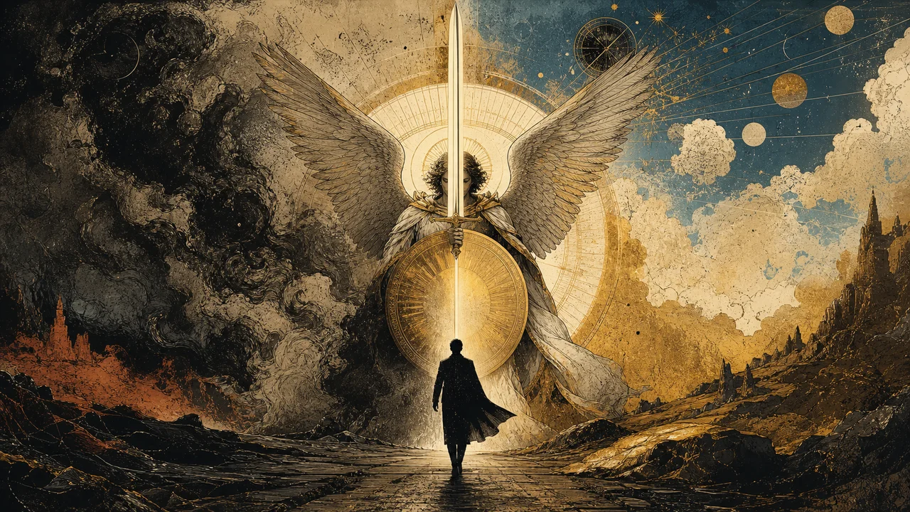 Archangel Michael with a sword of blue light before a sphere of protection