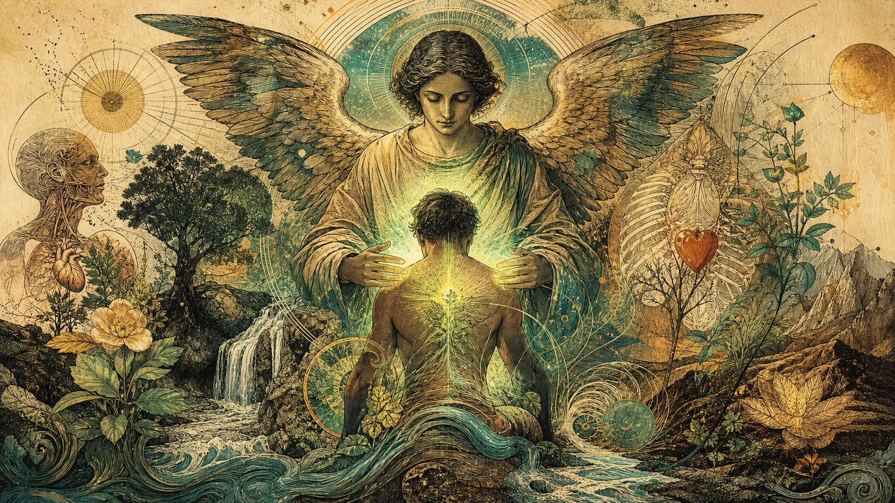 Archangel Raphael surrounding a person with emerald-green light of balance