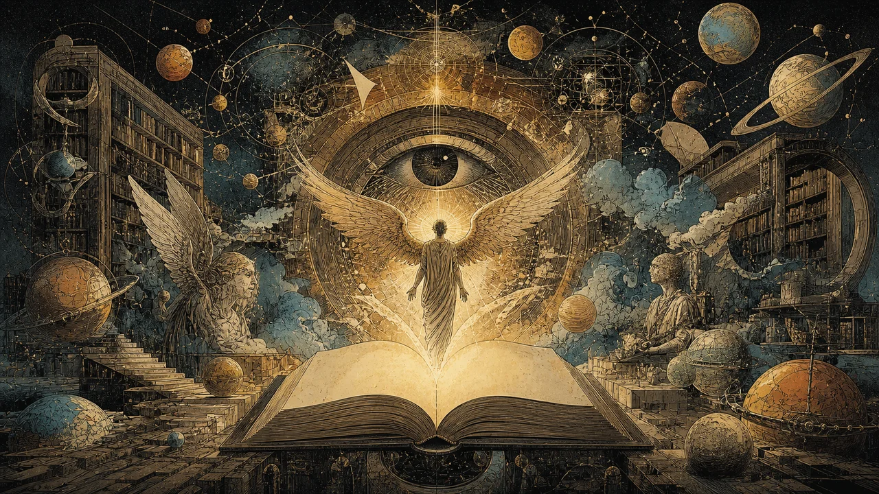 Archangel Raziel opening a luminous book surrounded by symbols of the divine mysteries