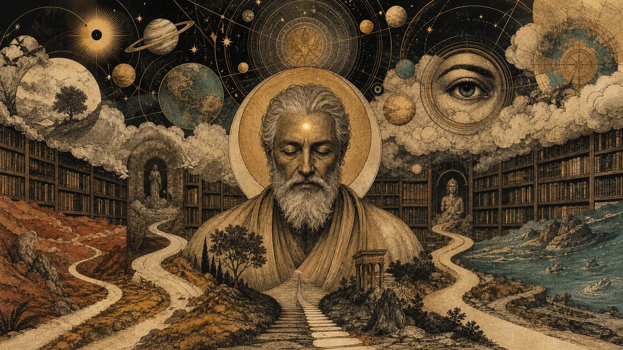 Wise figure before books, stars, and an inner lamp