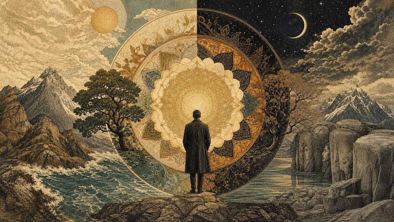 Person before a central mandala that brings together opposing parts of the psyche