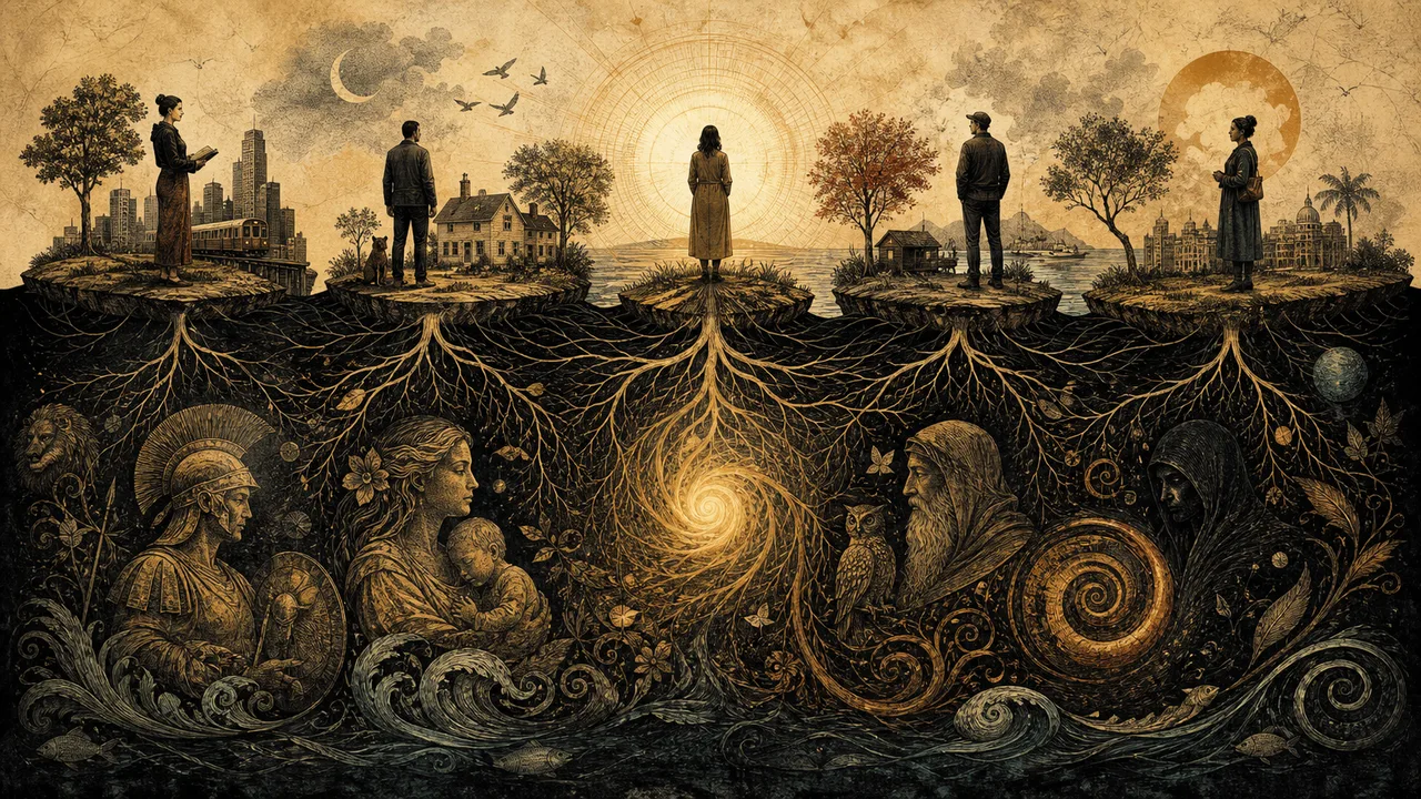 Many people connected to a deep field of universal symbols