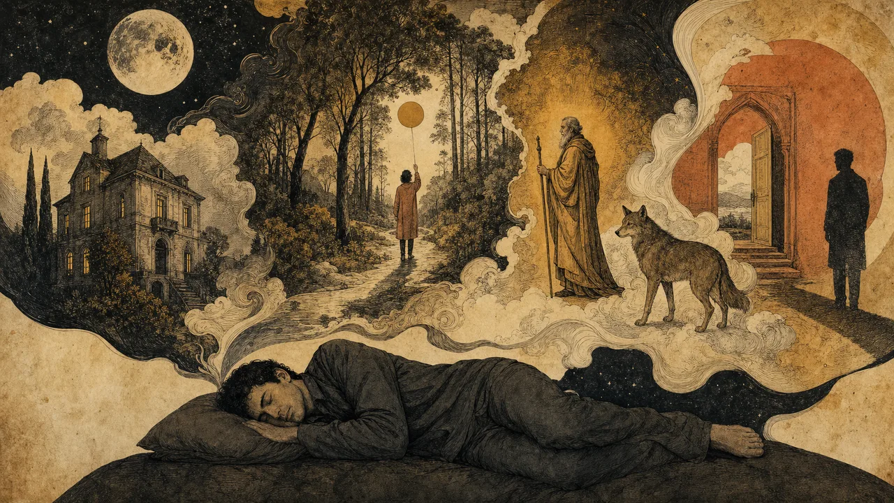 A sleeping person beneath a dream landscape with a hero, shadow, mother, and wise figure
