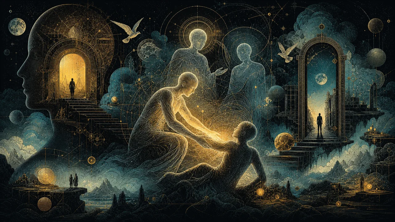 Luminous consciousnesses comforting a person in distress during an activity of spiritual assistance on the astral plane