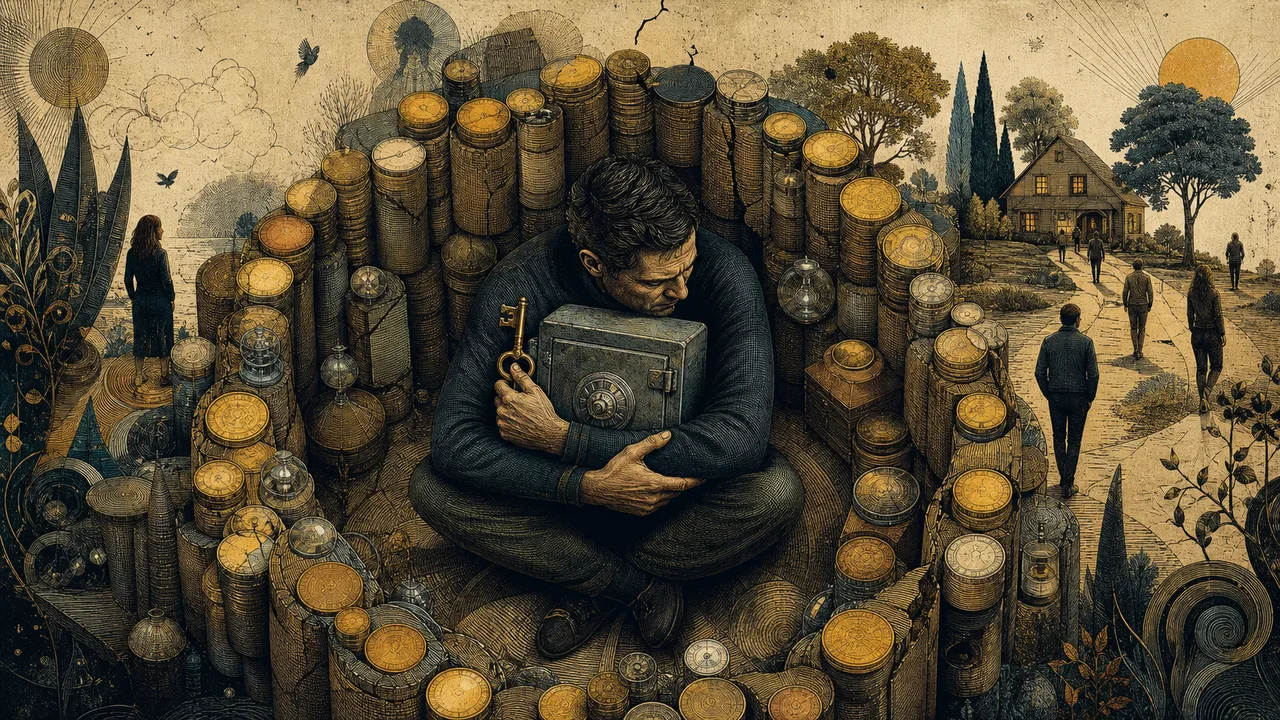 Adult guarding a safe surrounded by a wall of coins that separates them from life