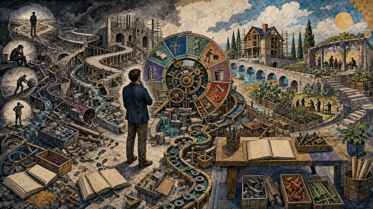 A person facing a clear path after leaving a disorganized environment