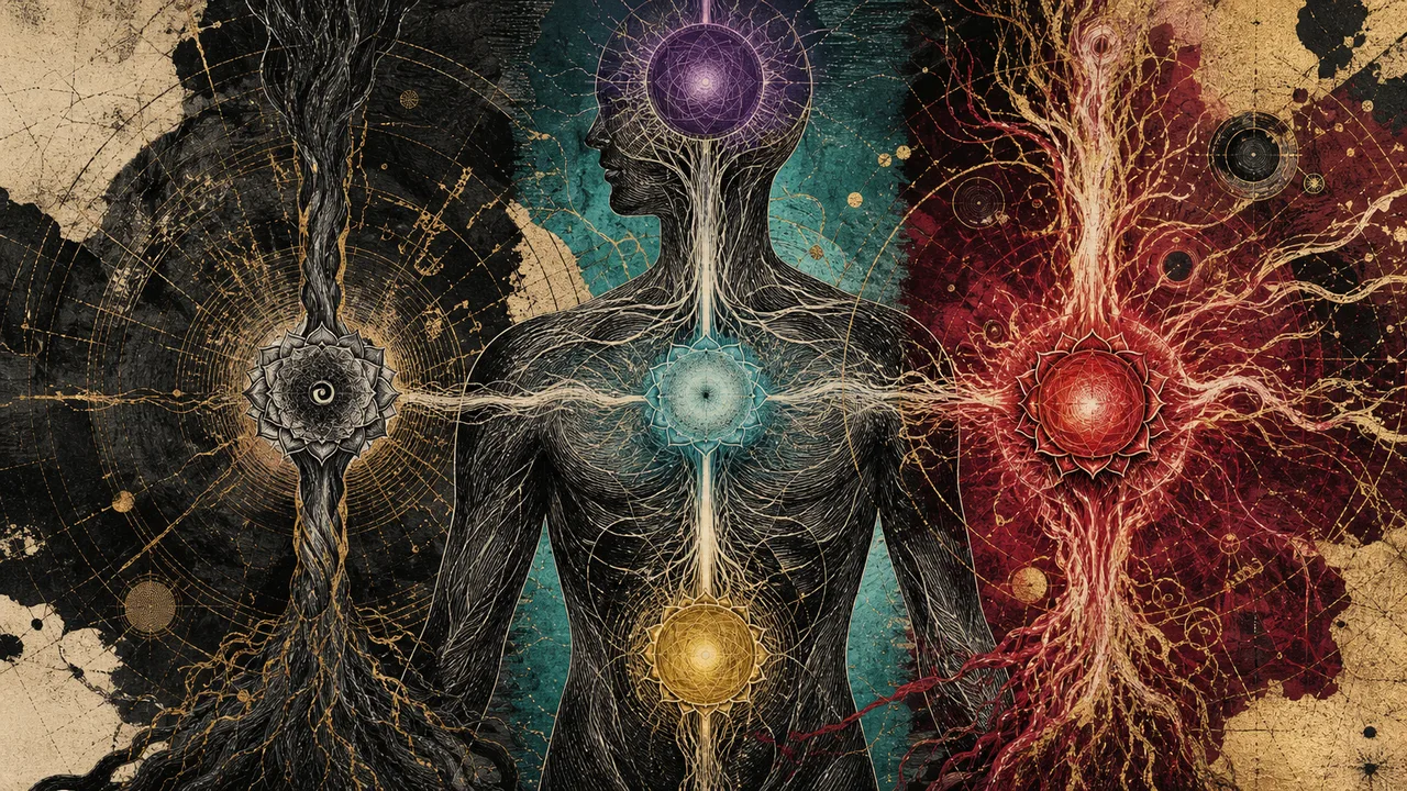 Three meditating figures representing a blocked, weakened and excessive chakra