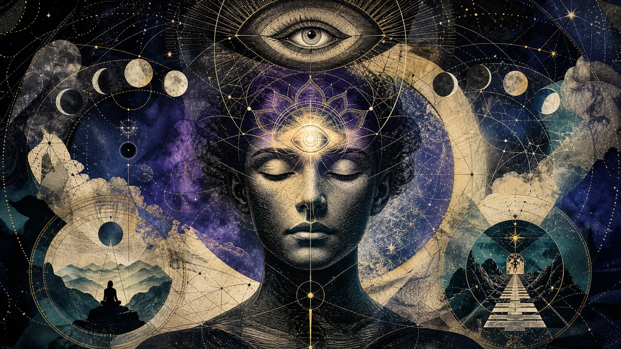 A person meditating in an indigo atmosphere with light at the brow chakra between the eyebrows