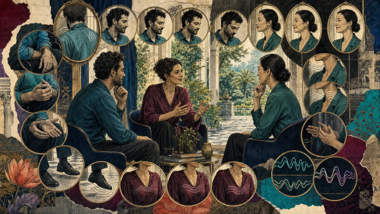 Person observing signs of posture, breathing, facial expression and tone of voice during a conversation
