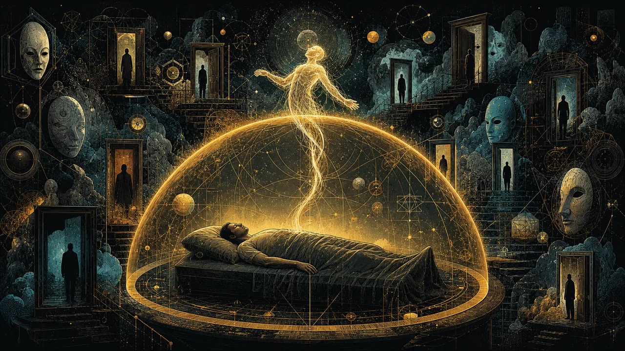 A luminous astral body connected to the physical body by a cord of light during a safe astral projection