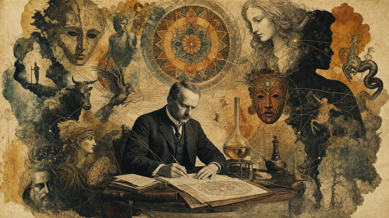 Carl Jung observing dreams, myths, and mandalas connected by the psyche