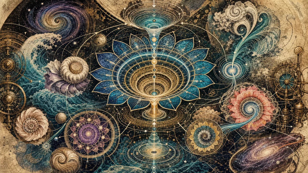 A person meditating with chakras shaped like luminous cones and moving flows of energy