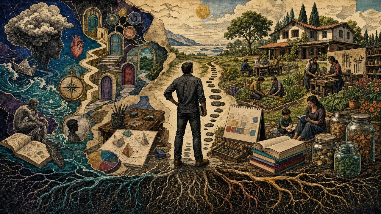 Person looking at a luminous map of choices and paths connected to prosperity