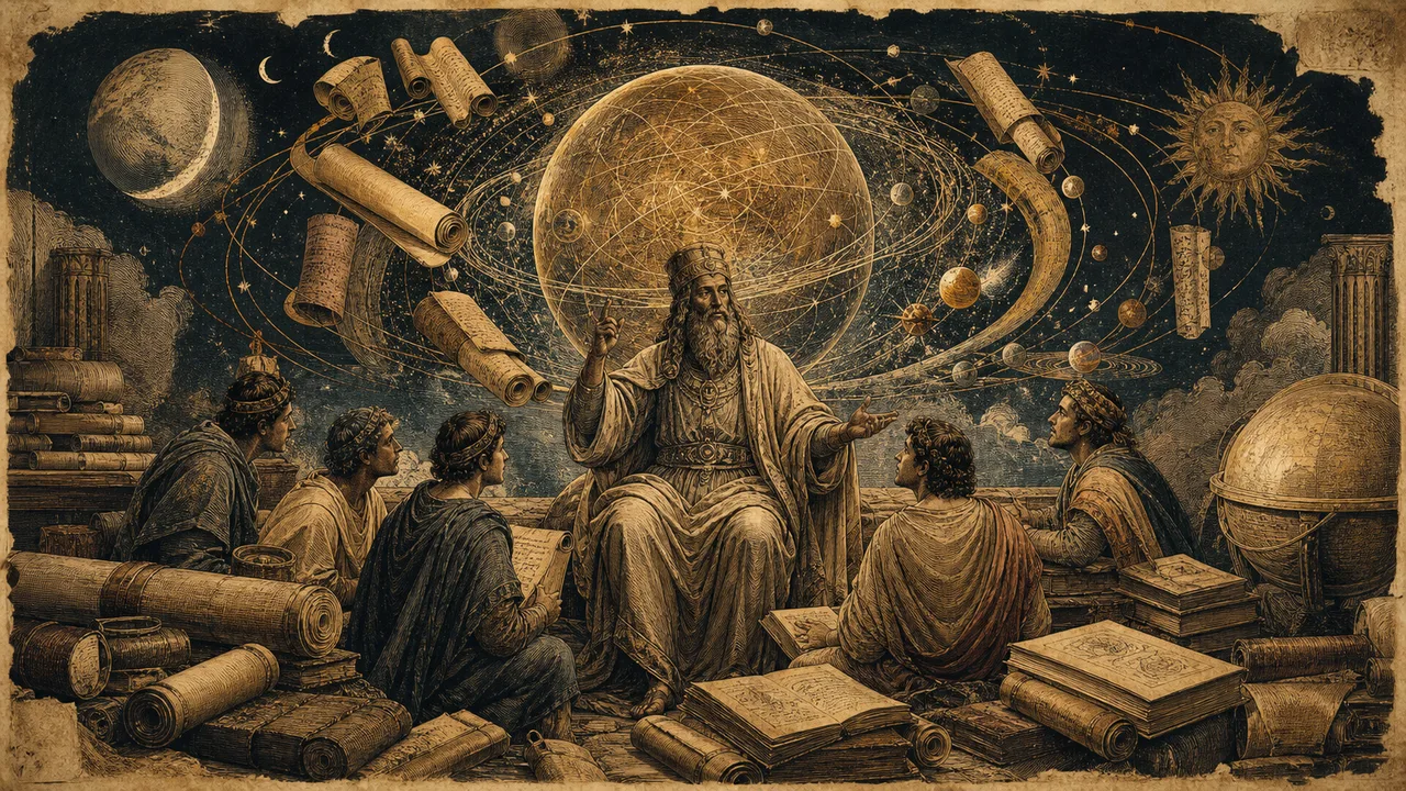 Hermes Trismegistus teaching disciples before manuscripts and cosmic symbols of the Corpus Hermeticum
