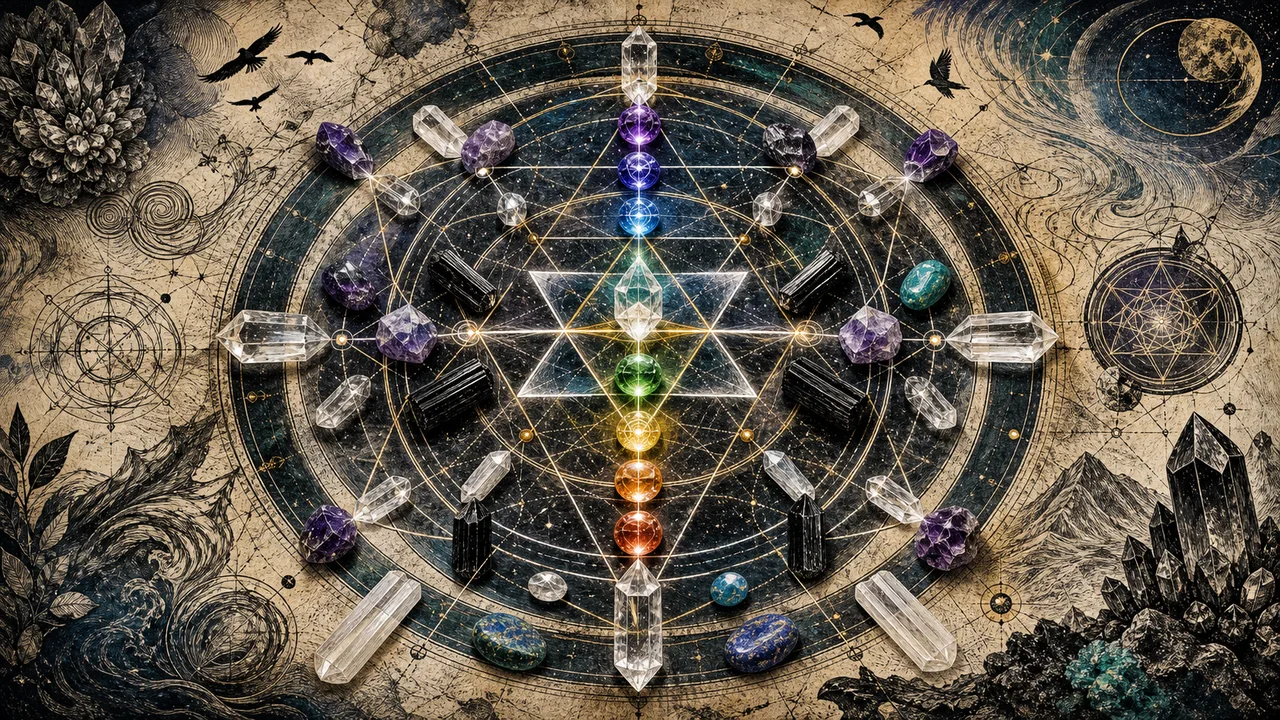 Crystal grid in energetic geometry for protection, chakras and harmonization