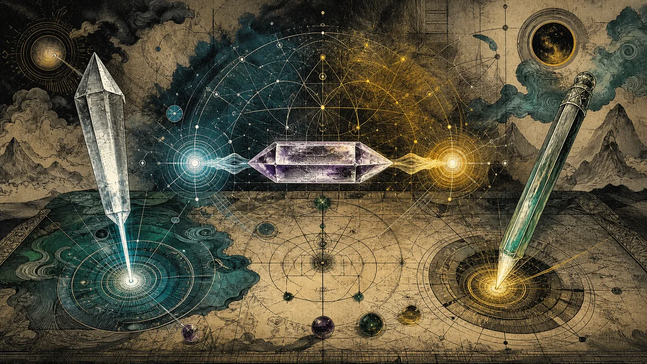 Crystal points, double-terminated crystals and wands conducting beams of energy in a symbolic crystal therapy composition