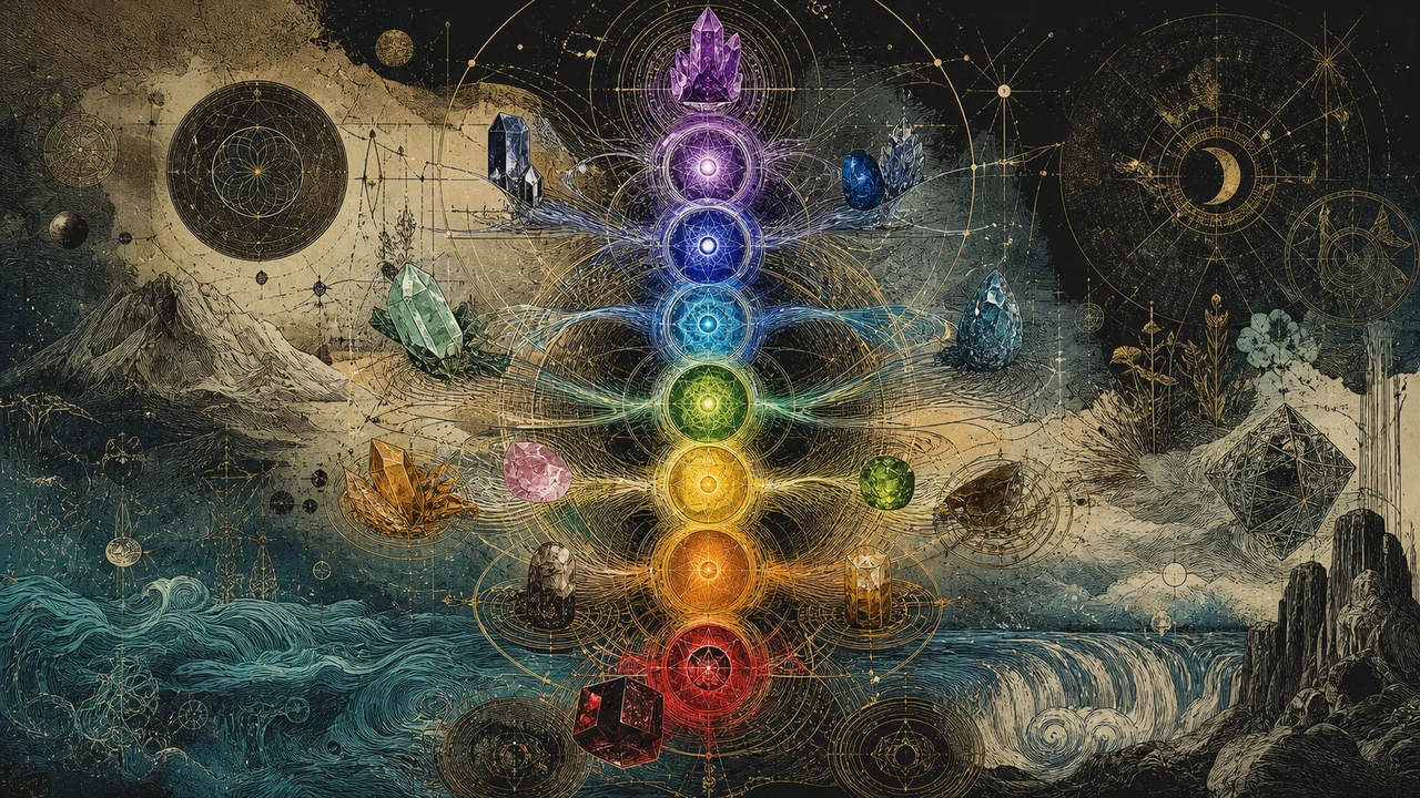 Crystals radiating energy toward seven chakras in a symbolic composition of energetic balance and crystal therapy