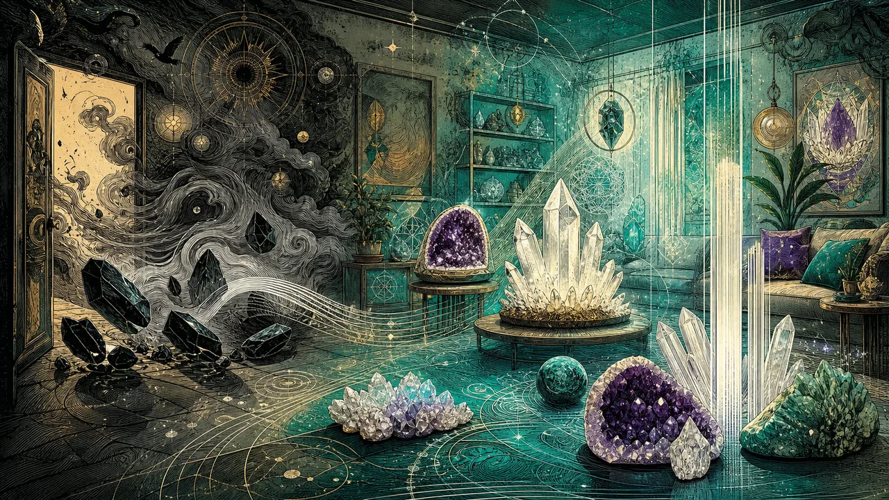 Crystals filtering dense energy in a room in a symbolic crystal therapy composition