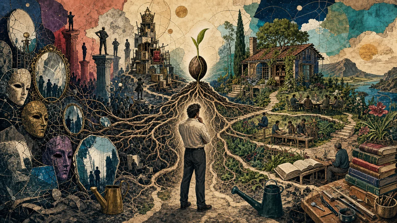 A person facing two inner paths that represent the desires of the ego and the desires of the Divine