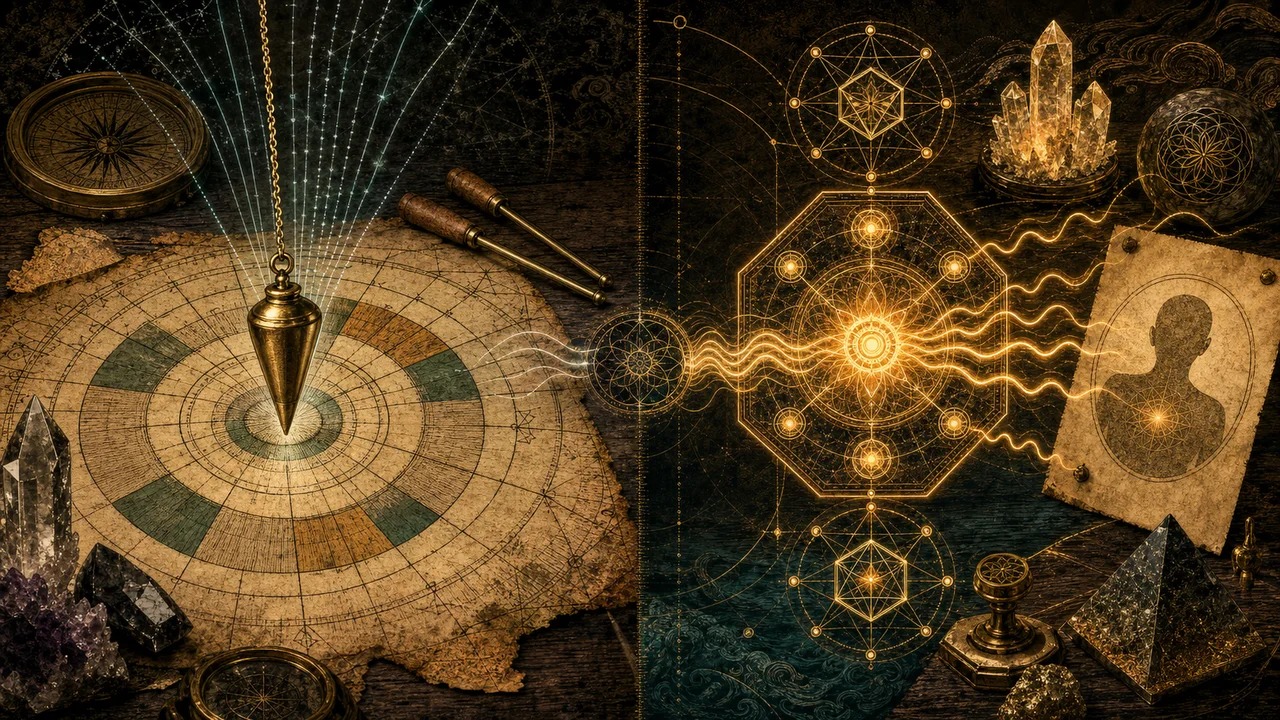 Pendulum measuring a dowsing chart beside radionics diagrams emitting luminous waves