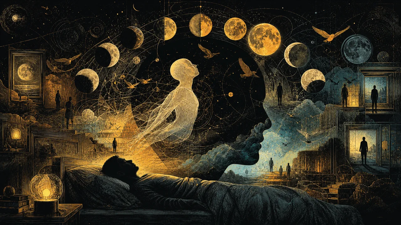 Astral body projecting during sleep in a symbolic composition with moons, clocks, and nighttime landscapes