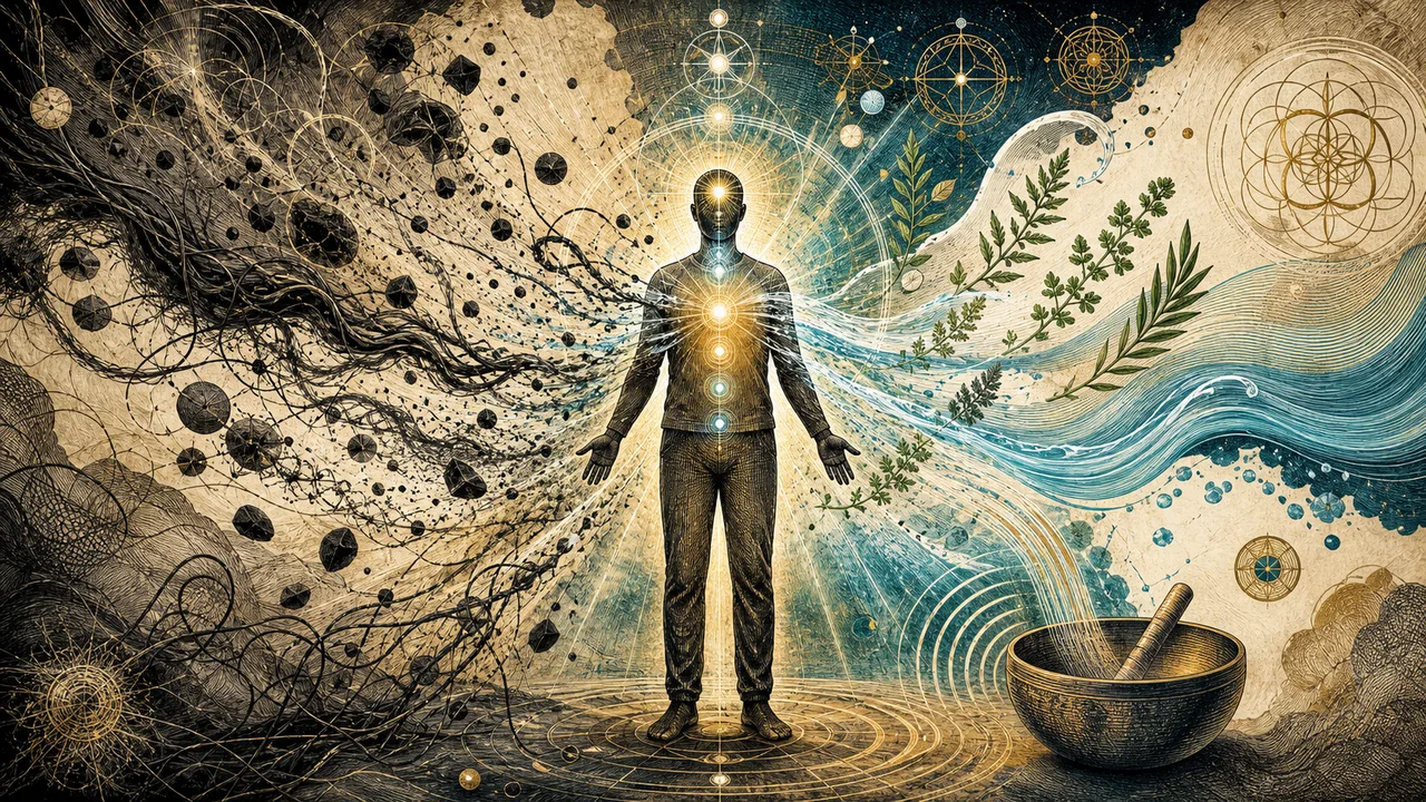 Person practicing energy hygiene with water, light and reorganization of the field