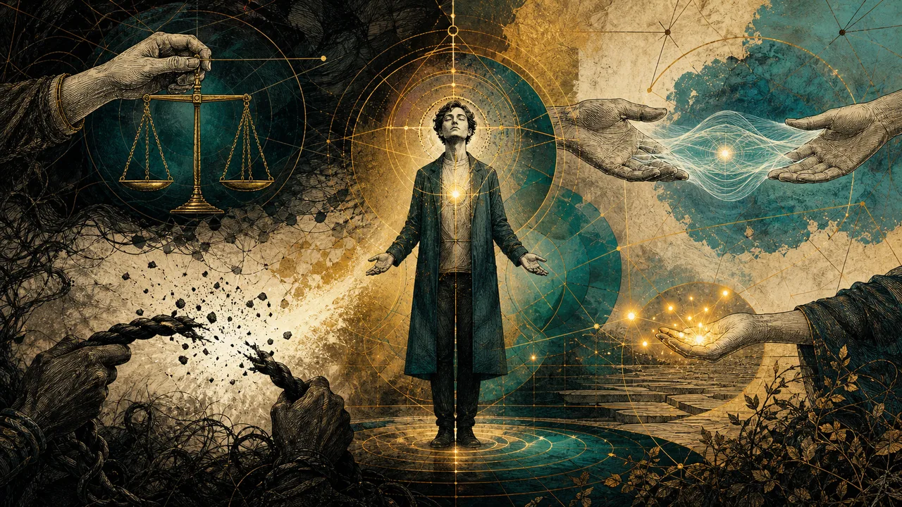 A serene person releasing dense bonds through ethics, forgiveness, empathy and charity
