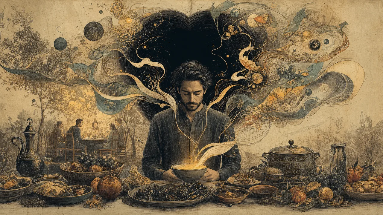 Adult standing before an abundant table while a dark void remains open in their chest