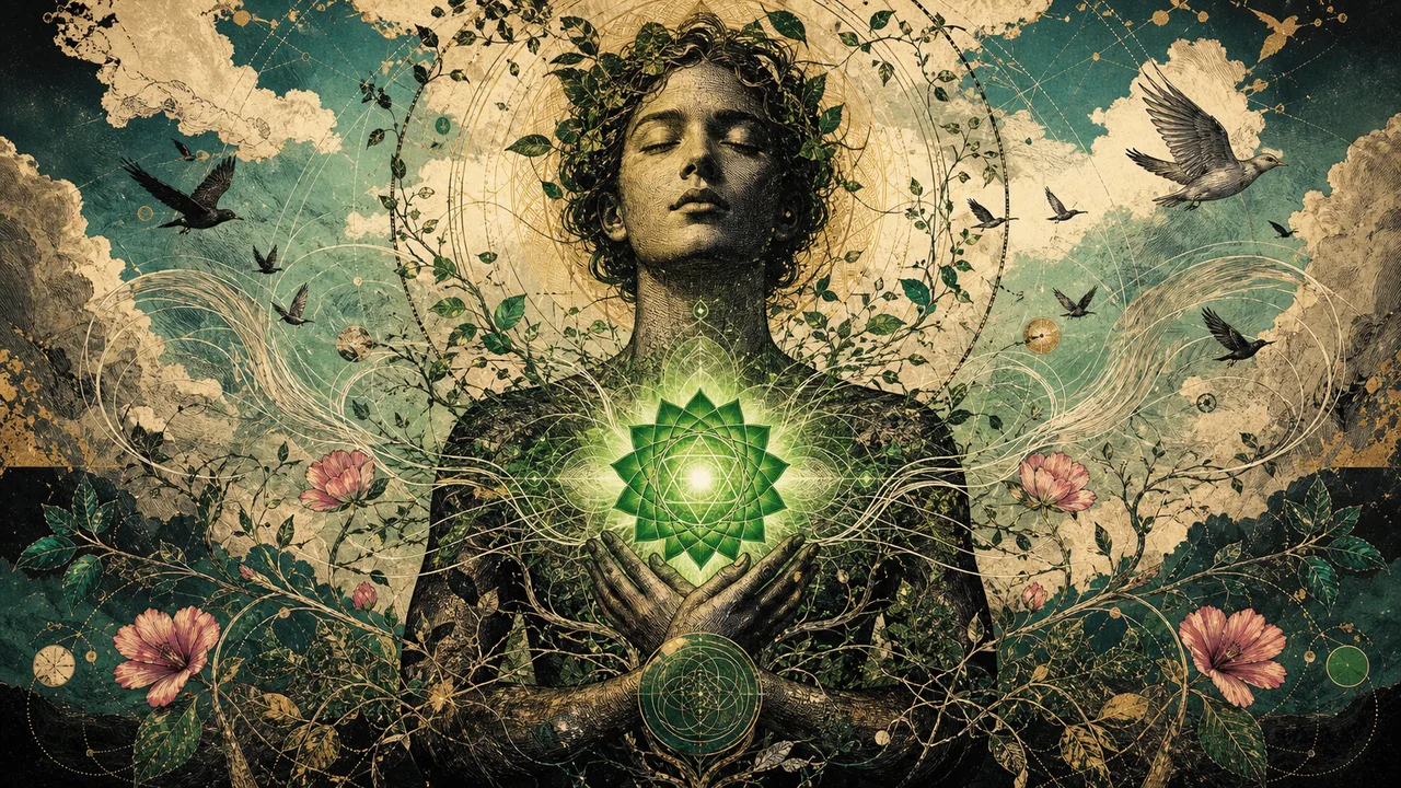 A person meditating with green and pink energy in the heart chakra, symbolizing love, compassion and emotional balance