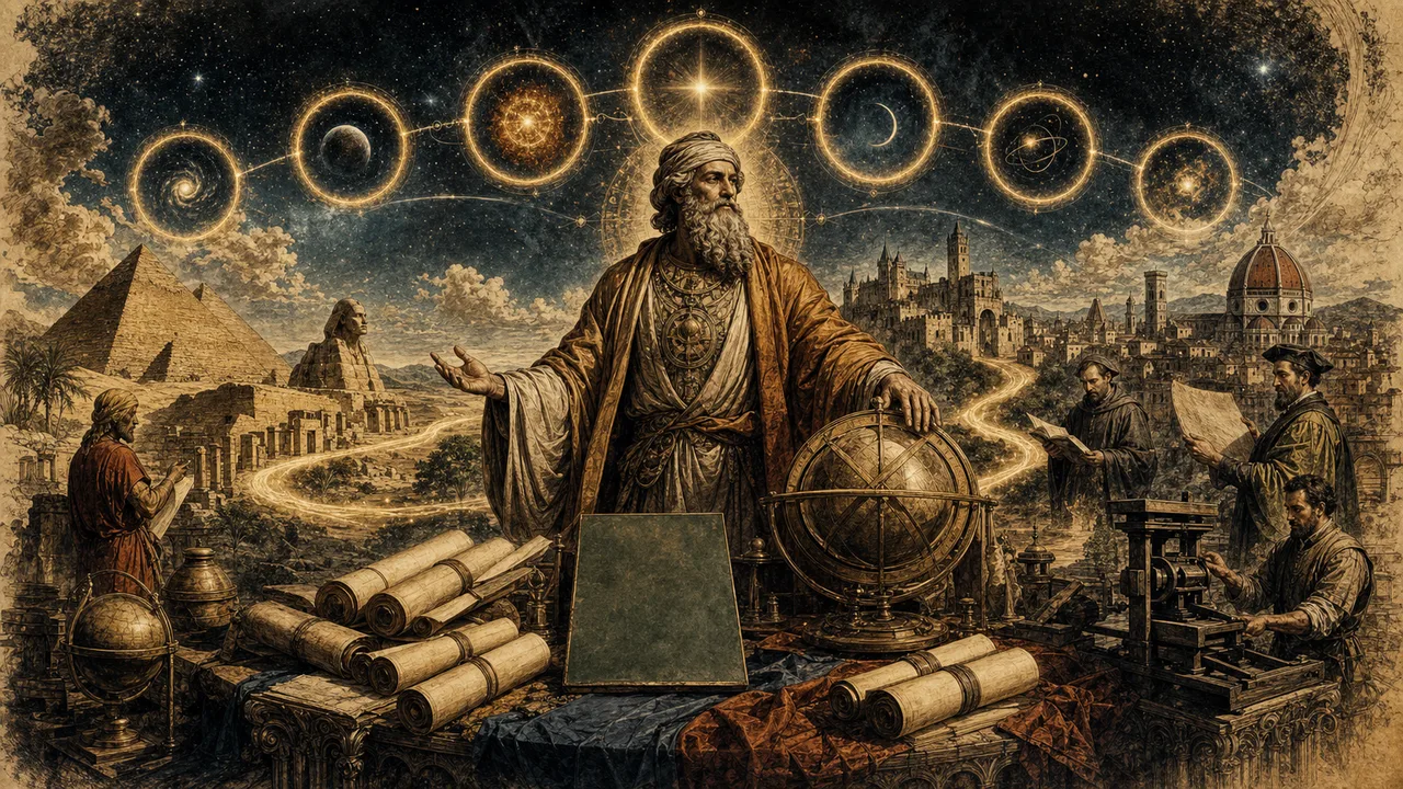 Hermes Trismegistus before a symbolic cosmos bringing together ancient teachings and the seven Hermetic laws