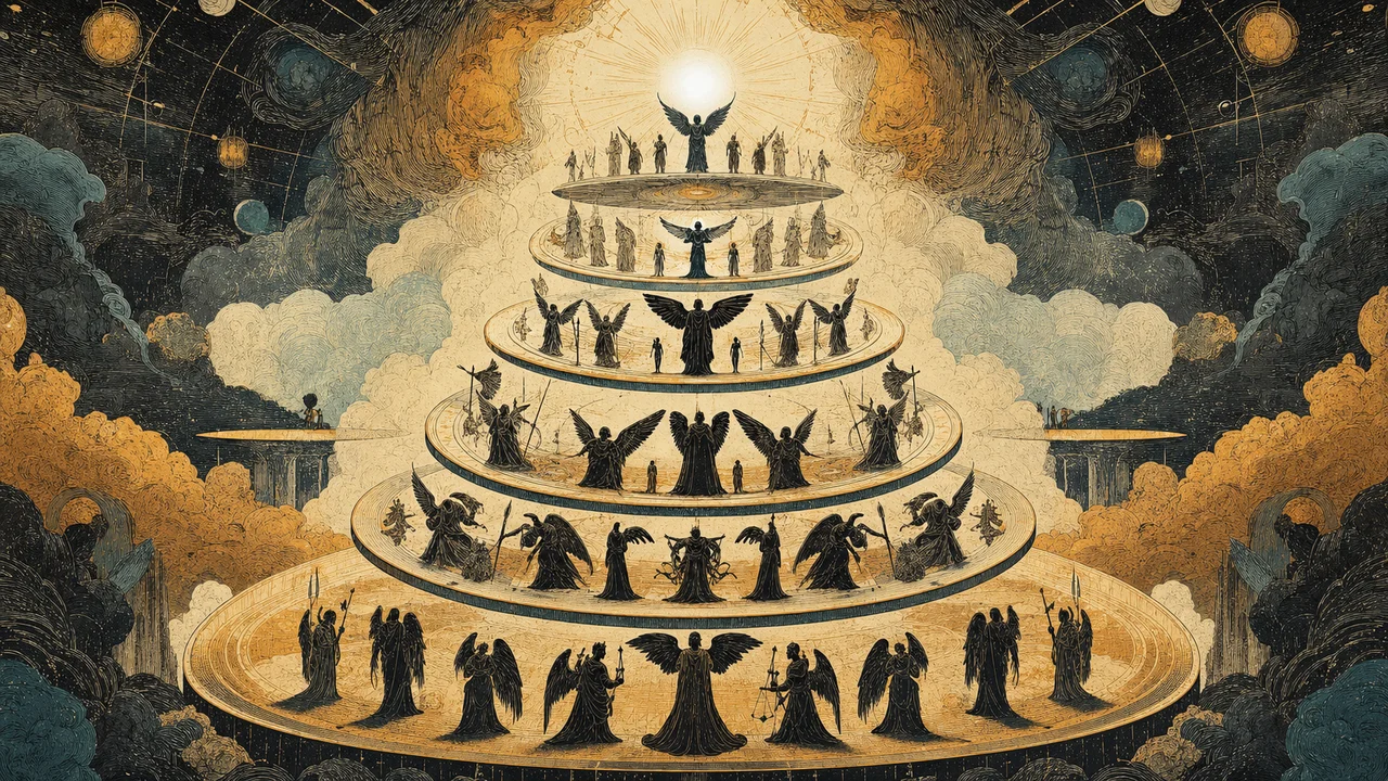 Nine angelic circles arranged in three levels around a central light