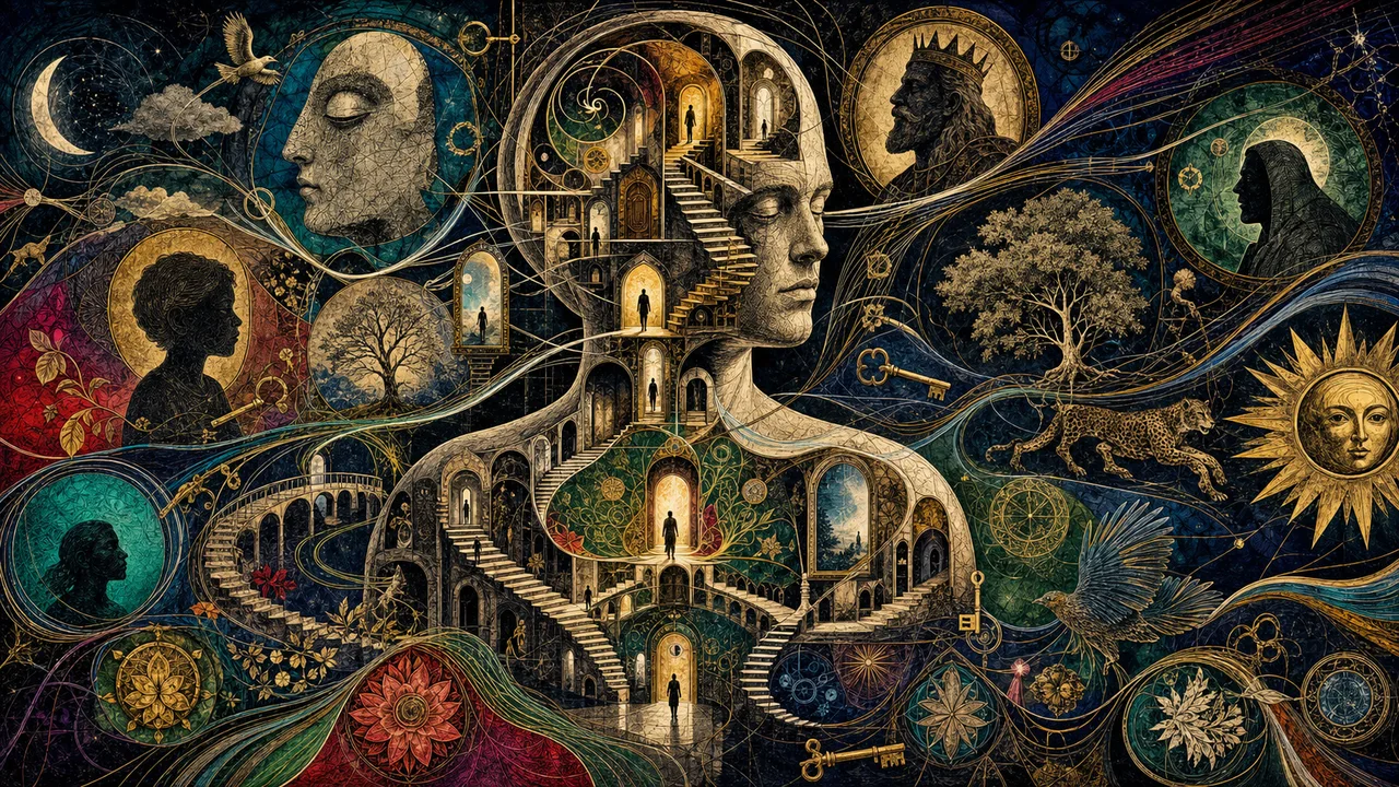 Person surrounded by symbols, archetypes and luminous patterns representing internal vibrational programs