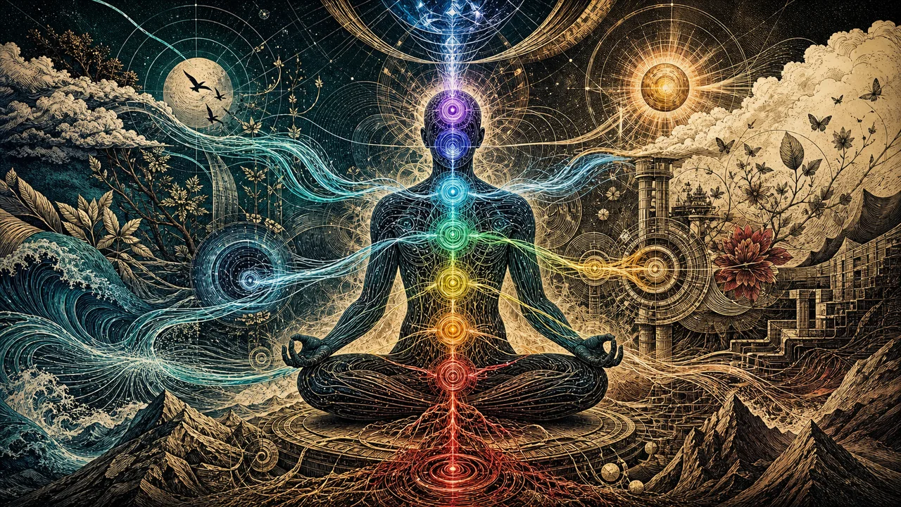 Person meditating with luminous chakras and flows of vital energy circulating through the energy body