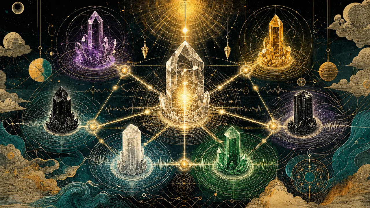 A network of crystals connected by lines of frequency showing the capture, storage and emission of energy in crystal therapies
