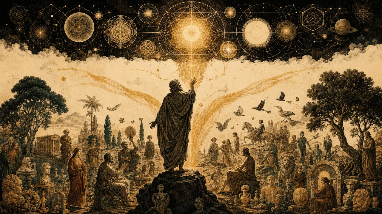 A philosopher before primordial forms that transform into human symbols