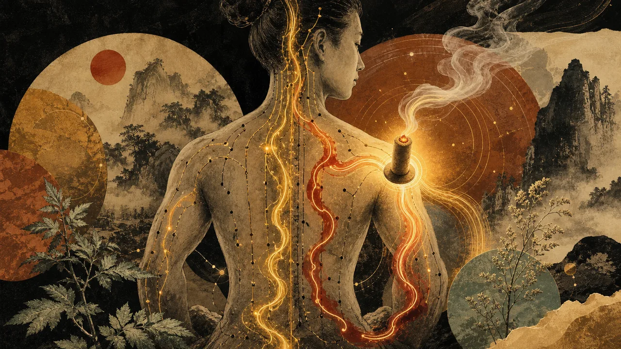 A surreal composition depicting the heat of moxa therapy traveling through meridians and promoting the movement of Qi and Blood