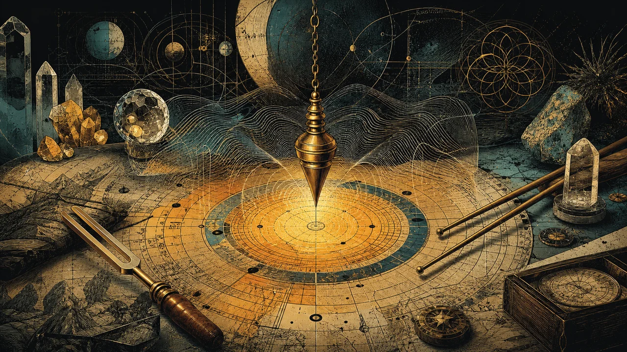 Pendulum over a dowsing chart with a forked rod, rods, crystals and resonance waves in a symbolic composition