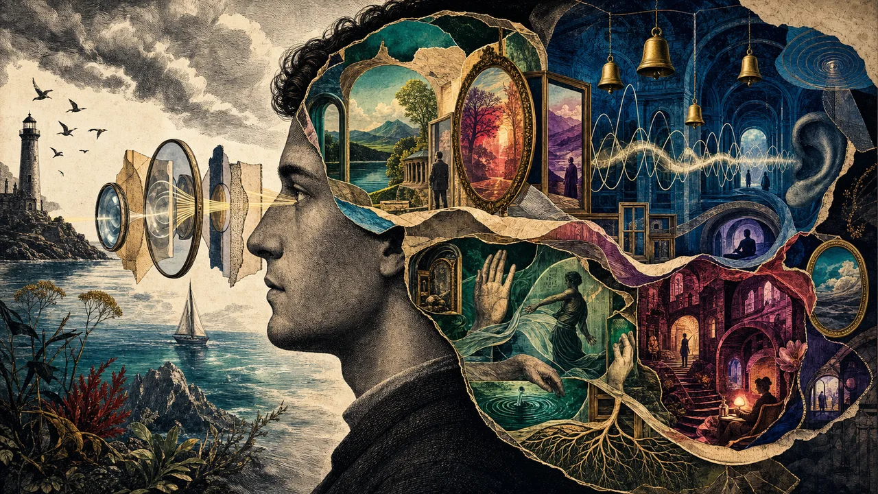 Person reflecting with internal images, sounds and sensations represented around them