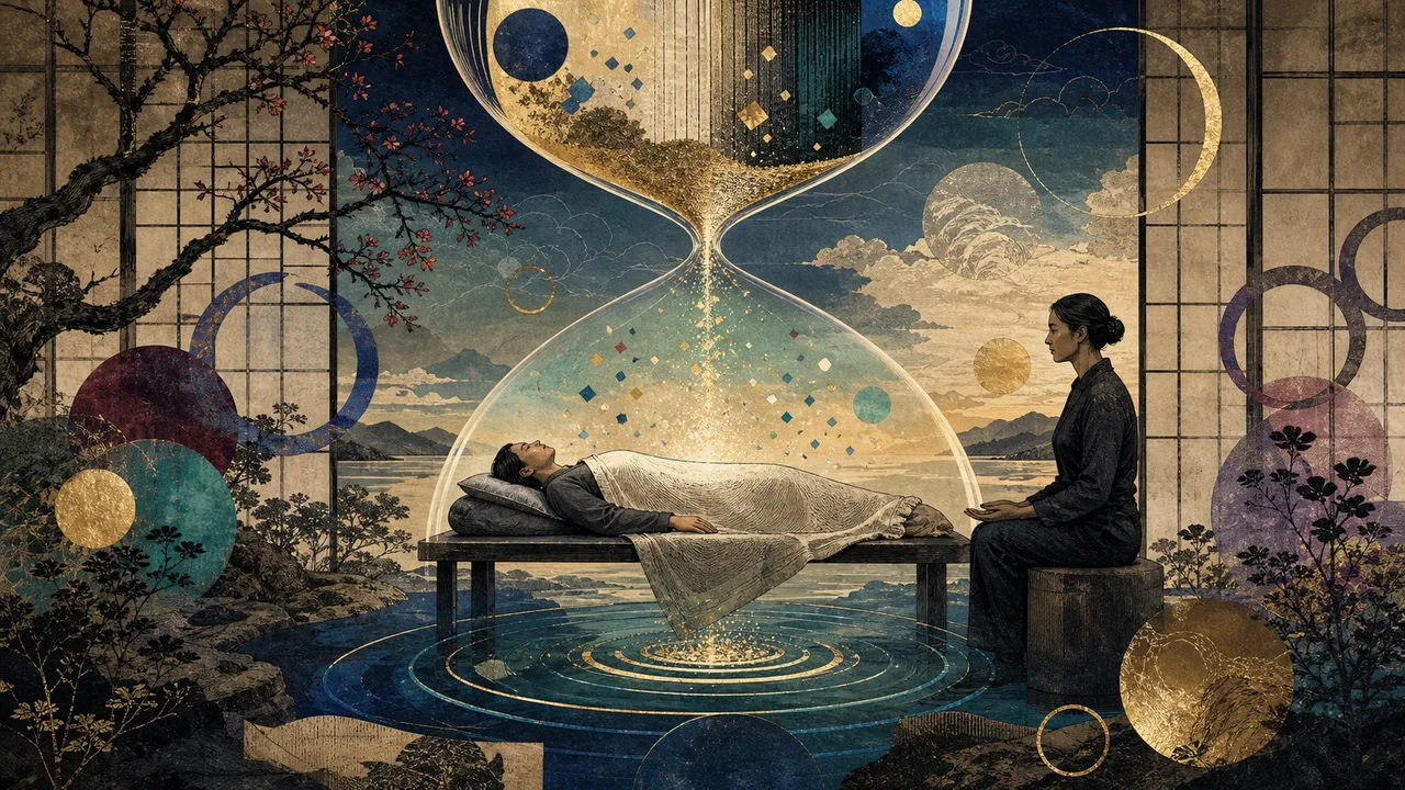 Reiki session in a peaceful setting with a practitioner applying energy and an hourglass in the background representing the session duration