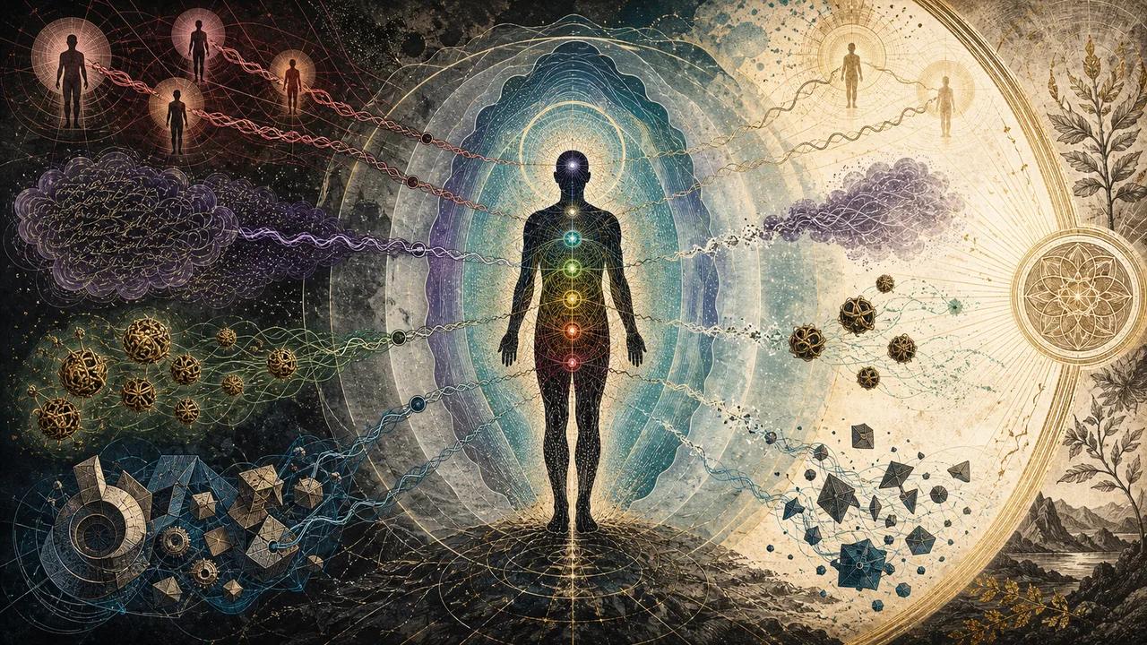 Person with a luminous energy field while dense forms lose vibrational attunement around the aura