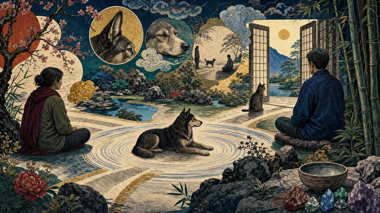 Reiki application to a relaxed dog and cat with soft light in a peaceful setting