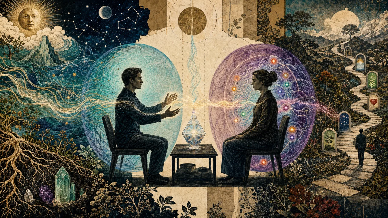 Reiki being applied as organized vital energy flows through the hands into the recipient's energy field and chakras