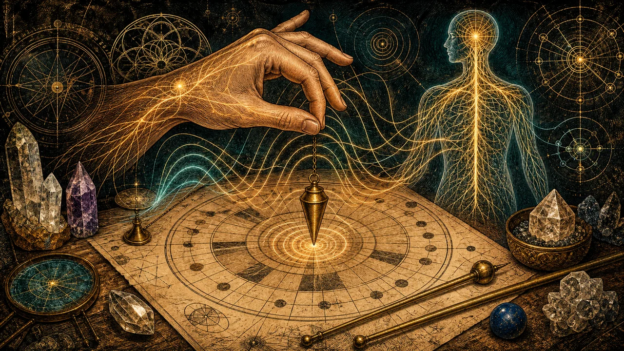 Hand with subtle lines of the nervous system guiding a pendulum over a dowsing chart in a symbolic composition