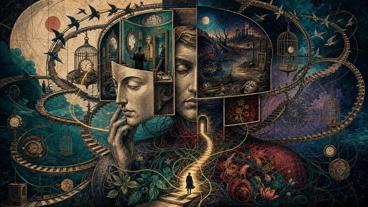 Person observing shadows and cycles of repetitive thoughts being reorganized by inner light